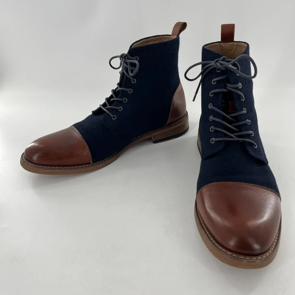 La Milano Mens Lace Up Boots Stance‎ Cognac Navy Leather Fabric Cap Toe Size 14